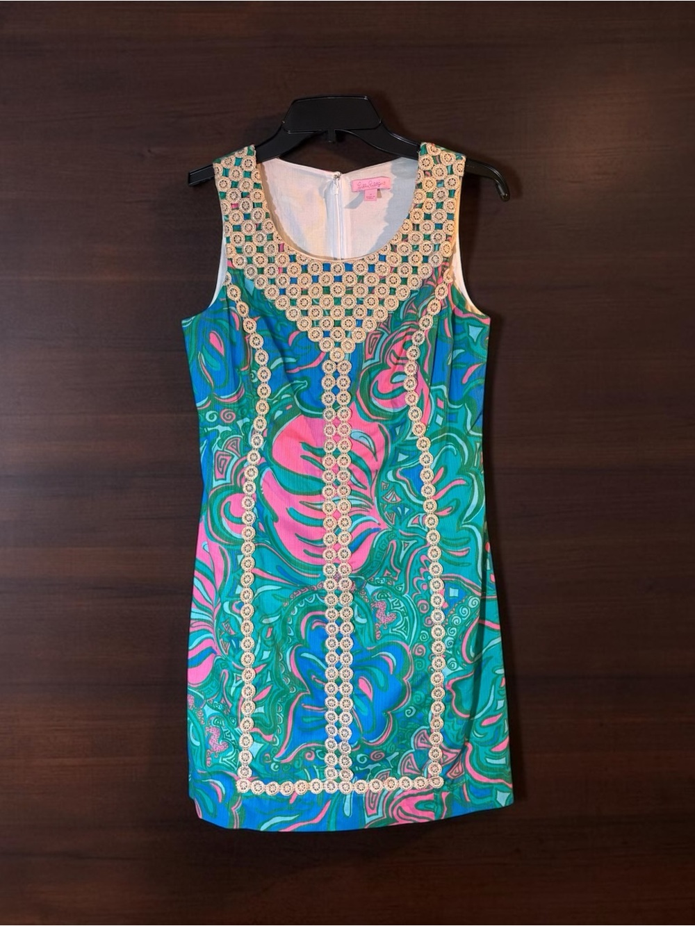 Lilly Pulitzer Teal & Pink Sleeveless Printed Shift Dress with Circular Trim